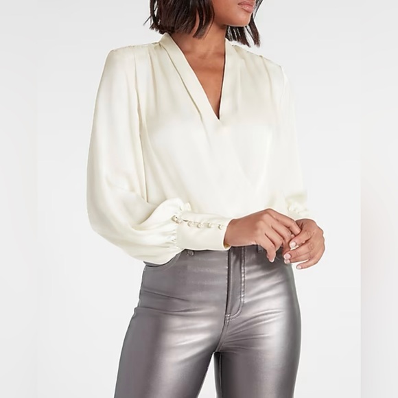 NWT, Express Ivory Embellished Cuff Draped Front Satin Blouse - XS - NWT - Picture 3 of 16